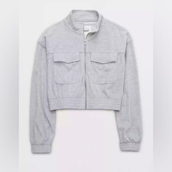 aerie Groove-On Velour Full Zip Sweatshirt size Large Light Gray Cropped Soft - Picture 7 of 13